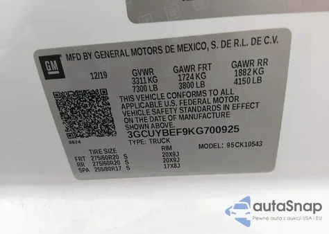 2019 Chevrolet Silverado 1500 Custom from USA, damaged, VIN 3GCUYBEF9KG700925